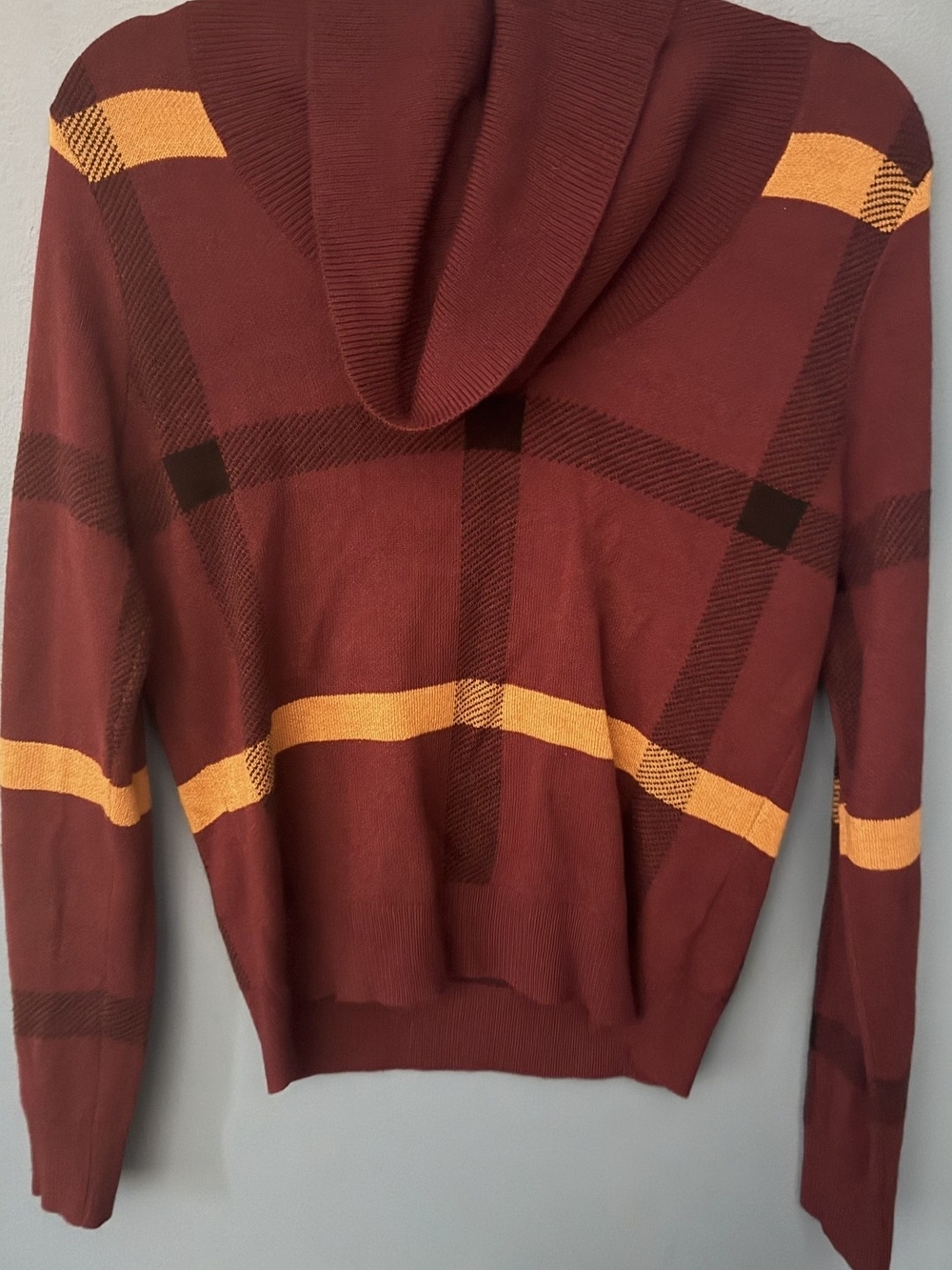 New York & Company Burgundy Cowl Neck Plaid Sweater with Mustard Stripes